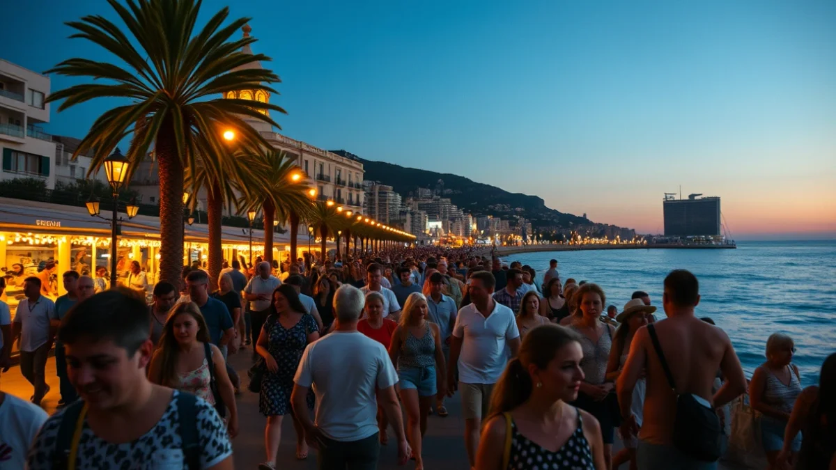 Imagen genérica de una multitud de turistas paseando por una zona costera durante el atardecer.