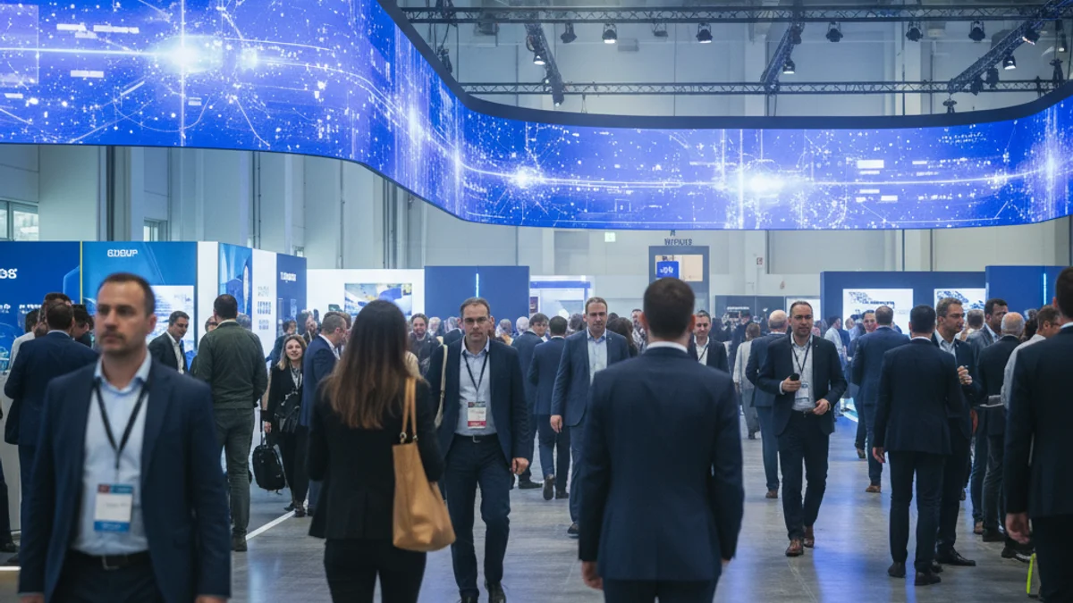 Imagen genérica de un gran pabellón de congresos con asistentes y pantallas digitales.
