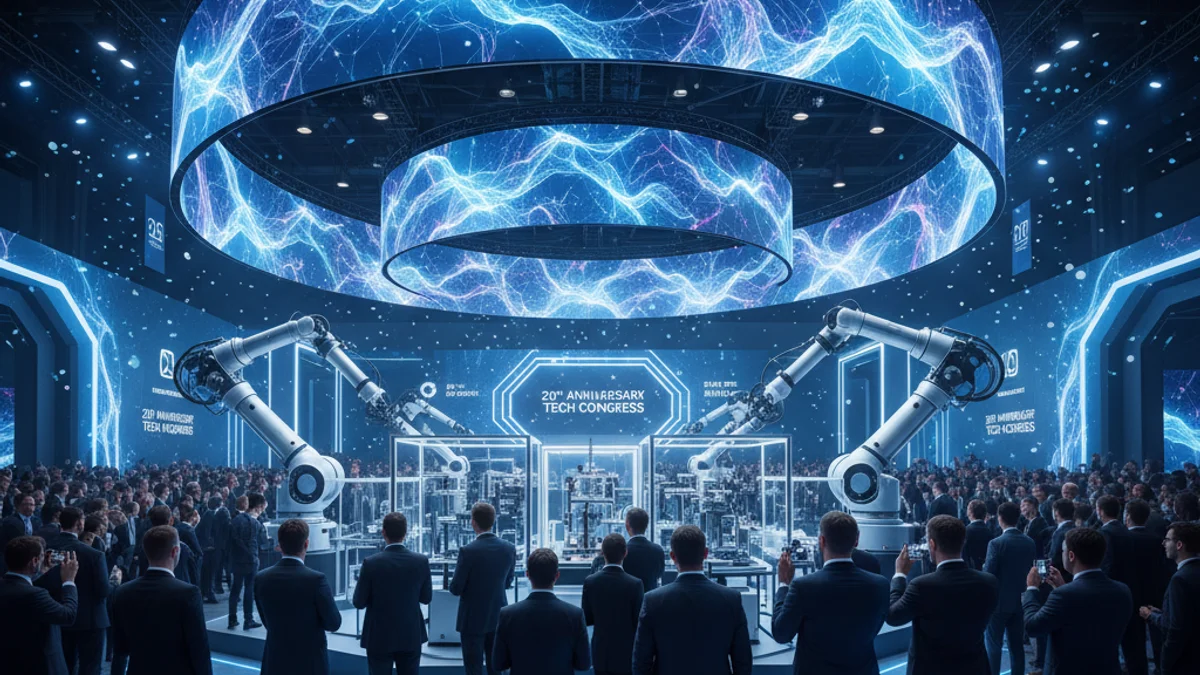 Imagen genérica de un pabellón tecnológico con pantallas digitales y robótica.