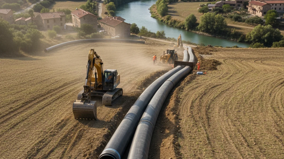 Imagen genérica de las obras de instalación de grandes tuberías para el nuevo sistema de regadío en una zona rural.