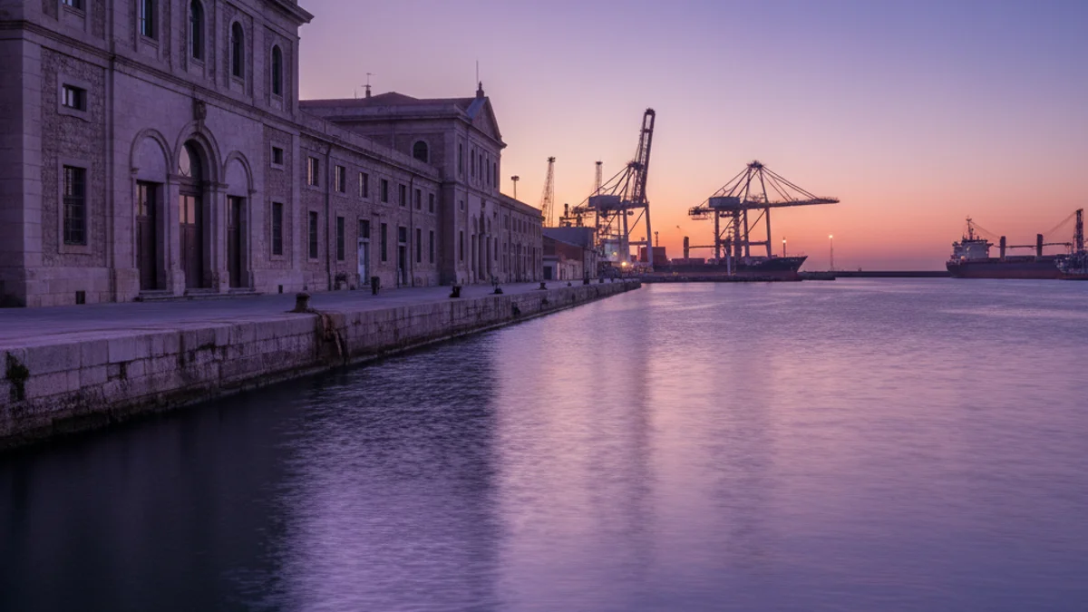 Imagen genérica de las instalaciones del Puerto de Tarragona iluminadas con luces de color violeta.