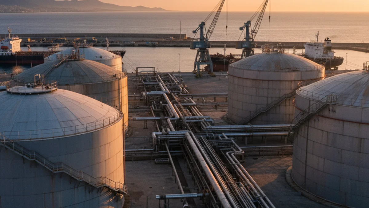 Imagen genérica de las instalaciones de un puerto industrial con depósitos de almacenamiento de energía.