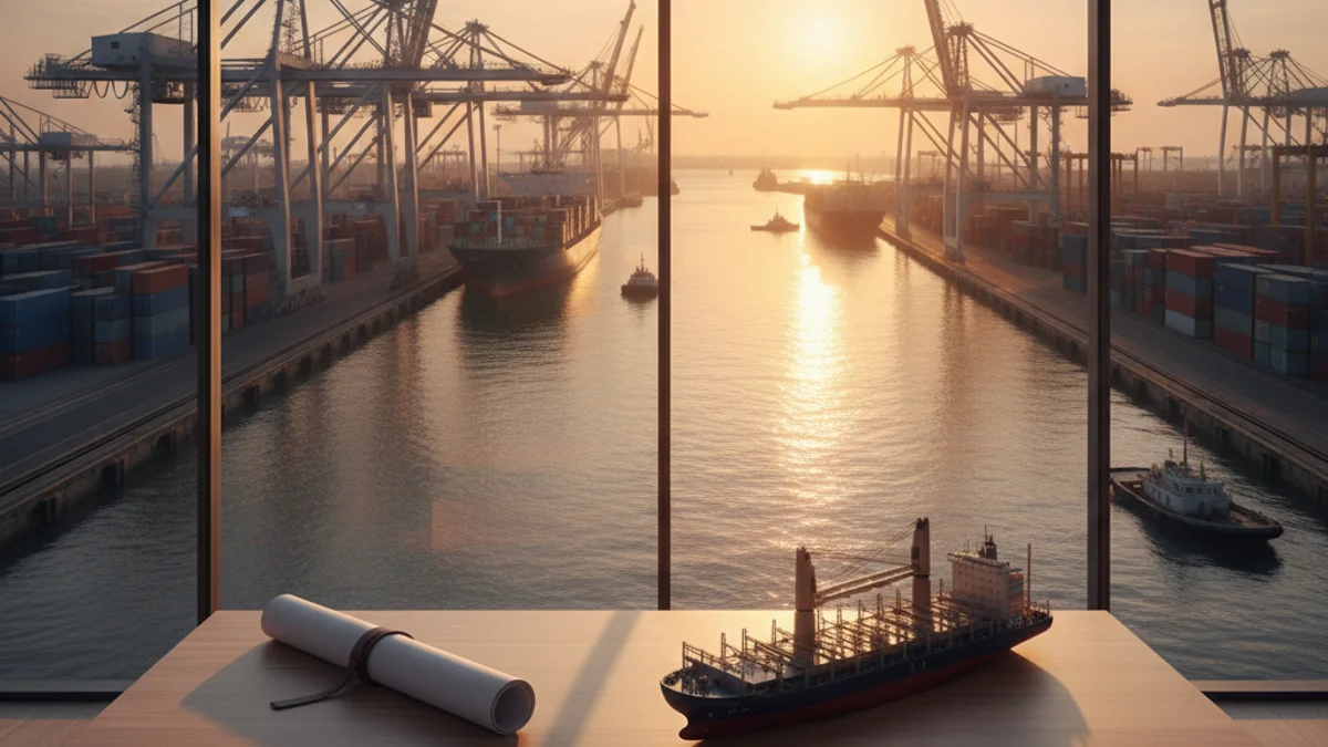 Imagen genérica de una terminal de contenedores en un puerto comercial con grúas en el horizonte.