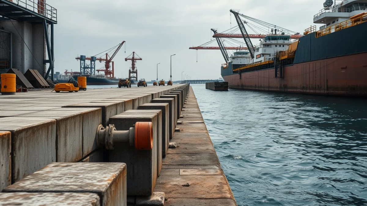 Imagen genérica de maquinaria de ingeniería trabajando en el refuerzo de un muelle portuario.