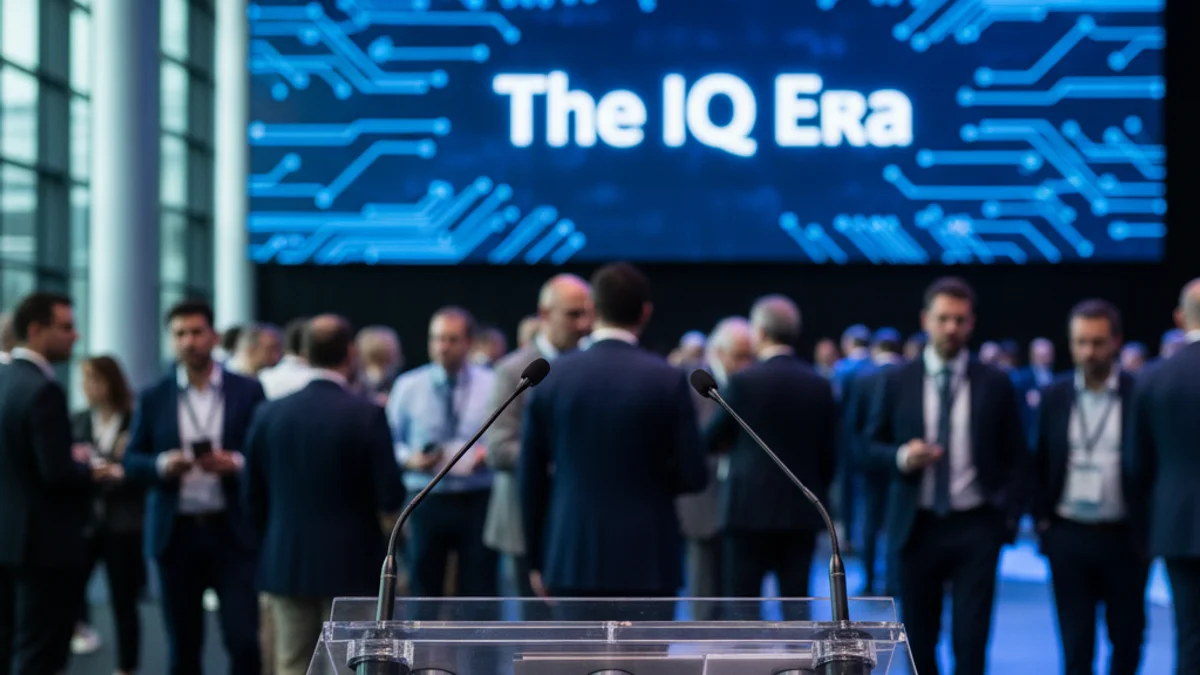 Imagen genérica de un podio con micrófonos en un congreso tecnológico moderno.