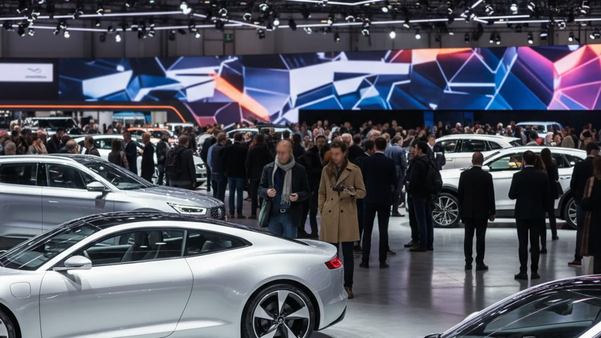 Imagen genérica de un pabellón ferial con vehículos nuevos en exposición bajo luces brillantes.