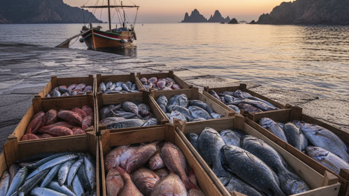 Imagen genérica de cajas de pescado fresco en un muelle pesquero del Cap de Creus al amanecer.
