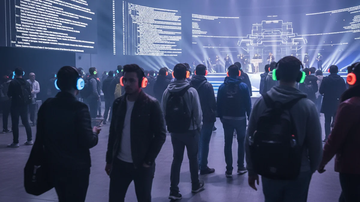 Imagen genérica de jóvenes programadores con auriculares en un evento tecnológico.