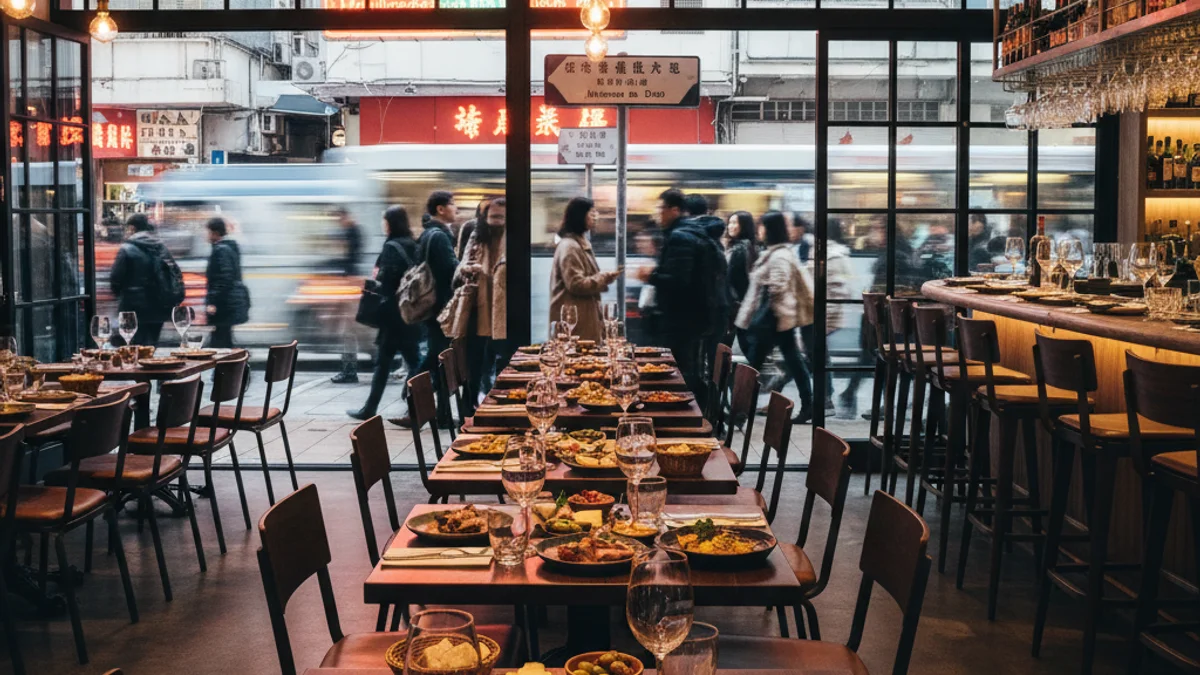 Imagen genérica del interior de un restaurante moderno con platos de cocina catalana en la mesa.