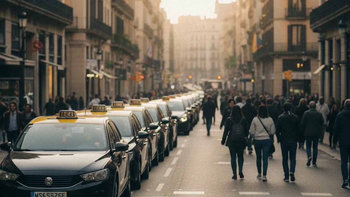 Imagen genérica de una hilera de taxis amarillos y negros en una calle de Barcelona.