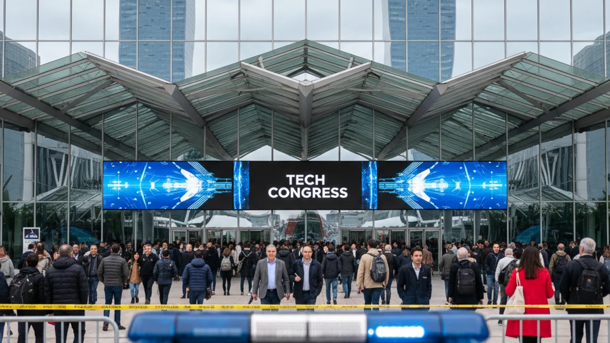 Imagen genérica de la entrada de un gran congreso tecnológico con presencia de seguridad.