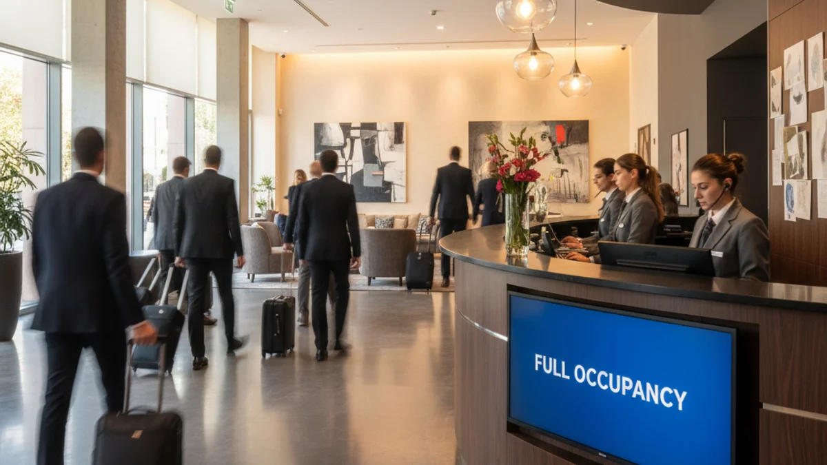 Imagen genérica del interior de un hotel moderno con actividad de viajeros de negocios.