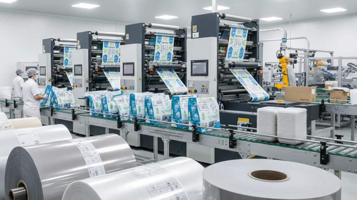 Imagen genérica de una línea de producción de envases flexibles en una planta industrial.
