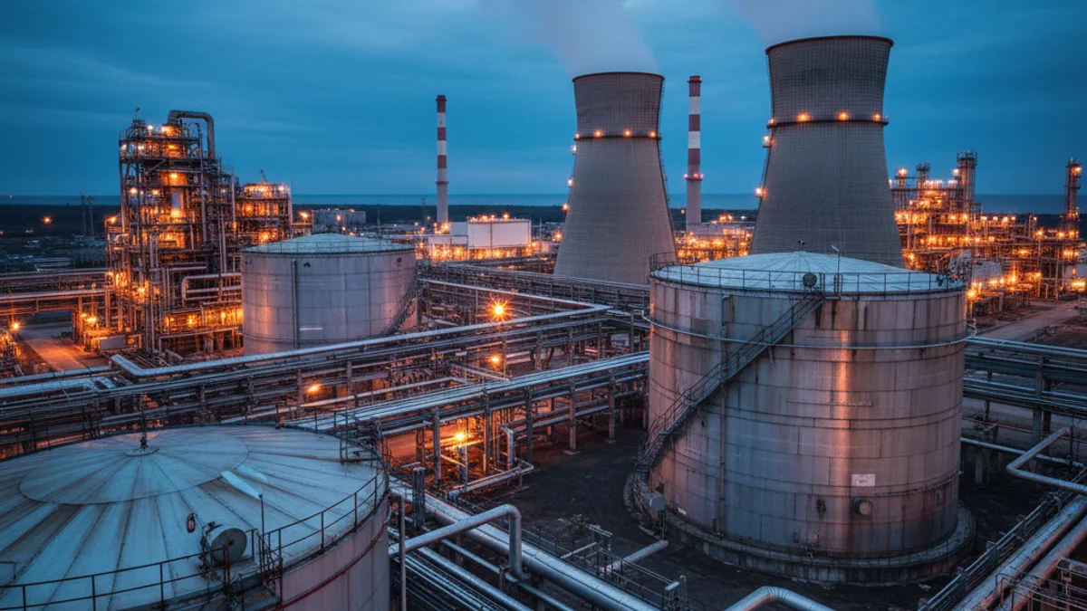 Imagen genérica de una planta industrial química con depósitos y tuberías bajo una luz crepuscular.