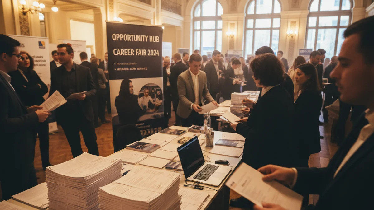 Imagen genérica de una feria de empleo con personas intercambiando currículums en un estand.