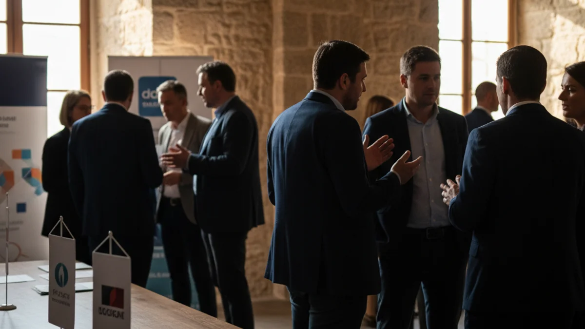 Imagen genérica de un encuentro de networking profesional con personas conversando en un entorno institucional.