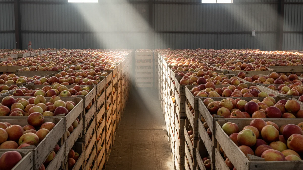 Imagen genérica de cajas de fruta apiladas en un almacén agrícola.