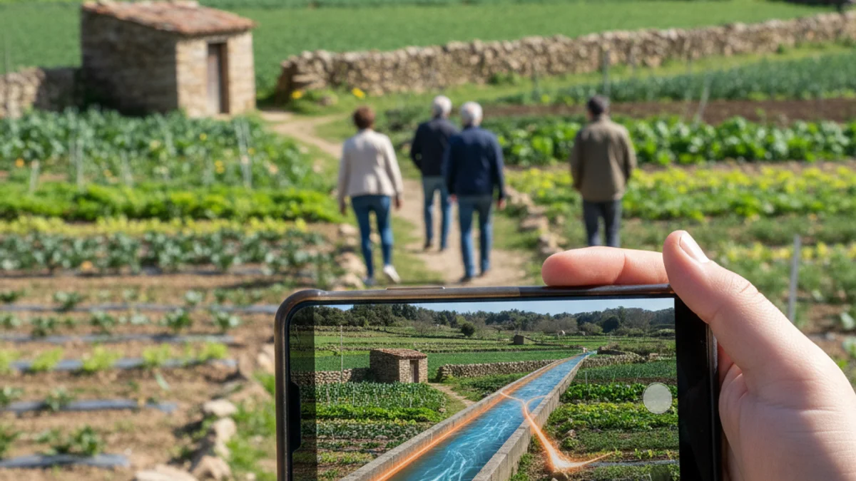 Imagen genérica de una persona utilizando la realidad aumentada con un teléfono móvil en un entorno agrícola tradicional.