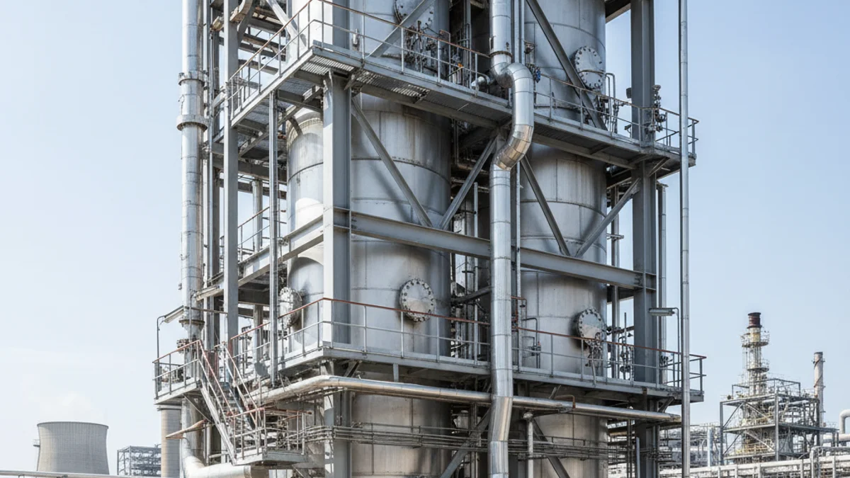 Imagen genérica de una unidad de producción química con reactores y tuberías industriales.