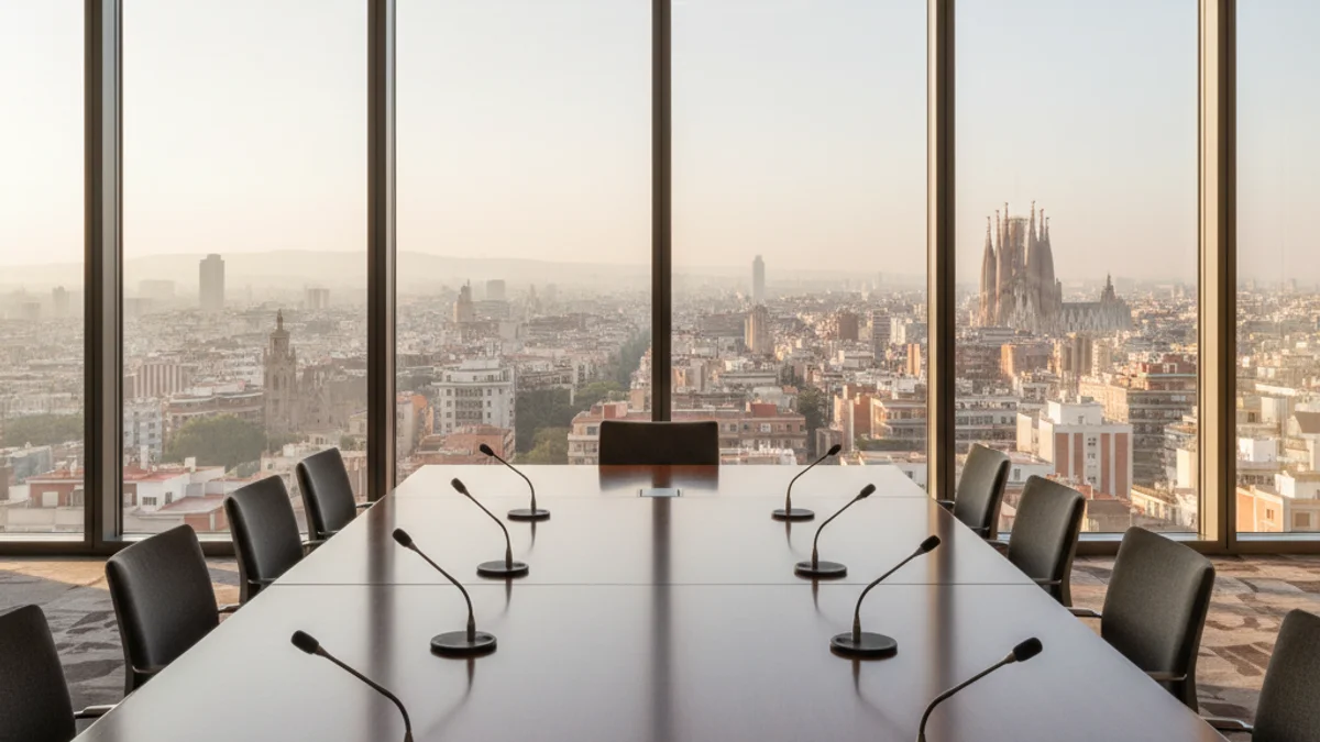 Imagen genérica de una sala de juntas con vistas a la ciudad de Barcelona.