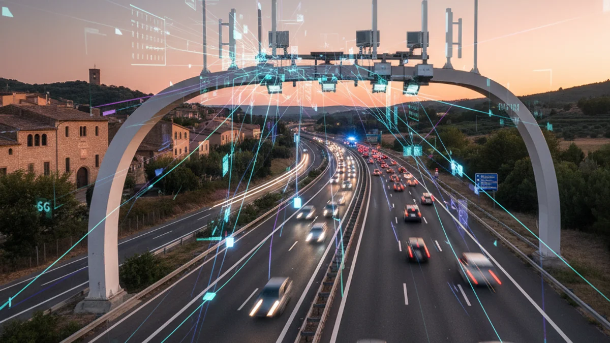 Imagen genérica de una autopista inteligente con sensores y tecnología 5G para la gestión de emergencias.