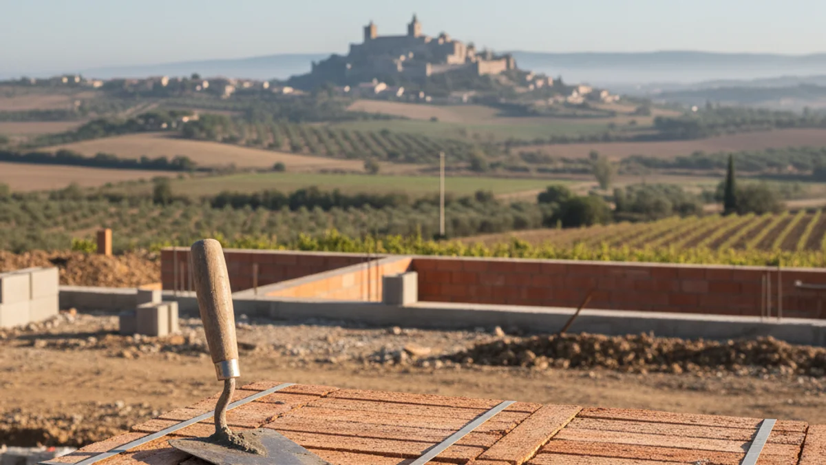 Imagen genérica de unas obras de construcción con un andamio frente a un paisaje rural.
