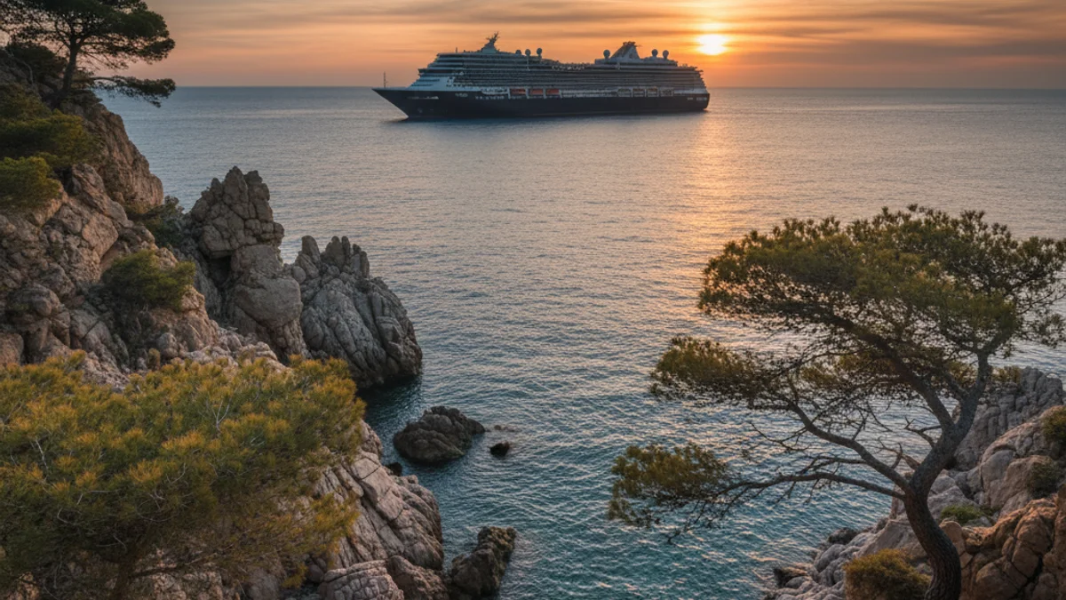 Imagen genérica de un gran crucero de lujo anclado cerca de la costa durante el atardecer.