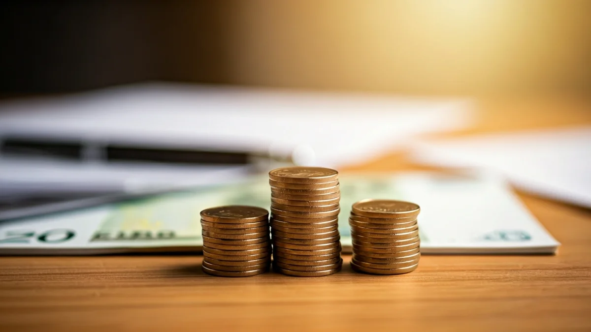 Imagen genérica de monedas y billetes de euro sobre una mesa, con documentos oficiales desenfocados al fondo.