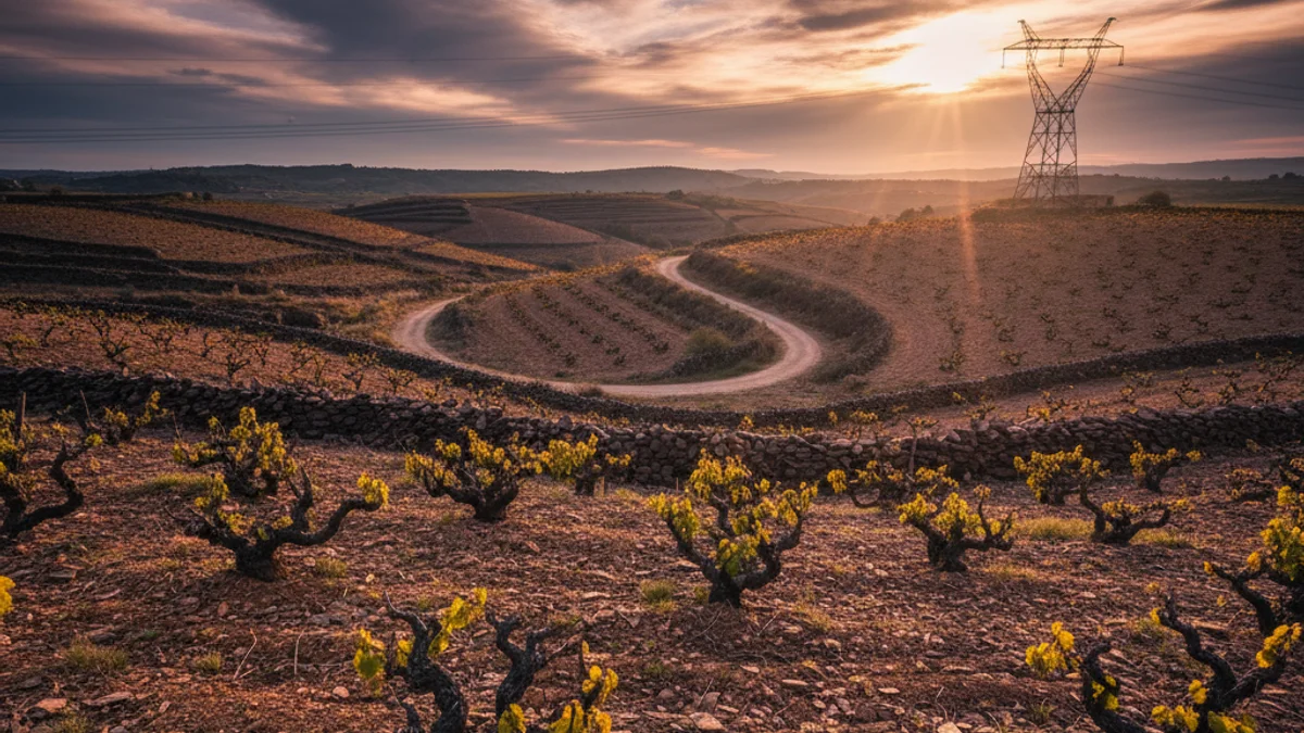 Imagen genérica de viñedos con una torre de alta tensión en el horizonte.