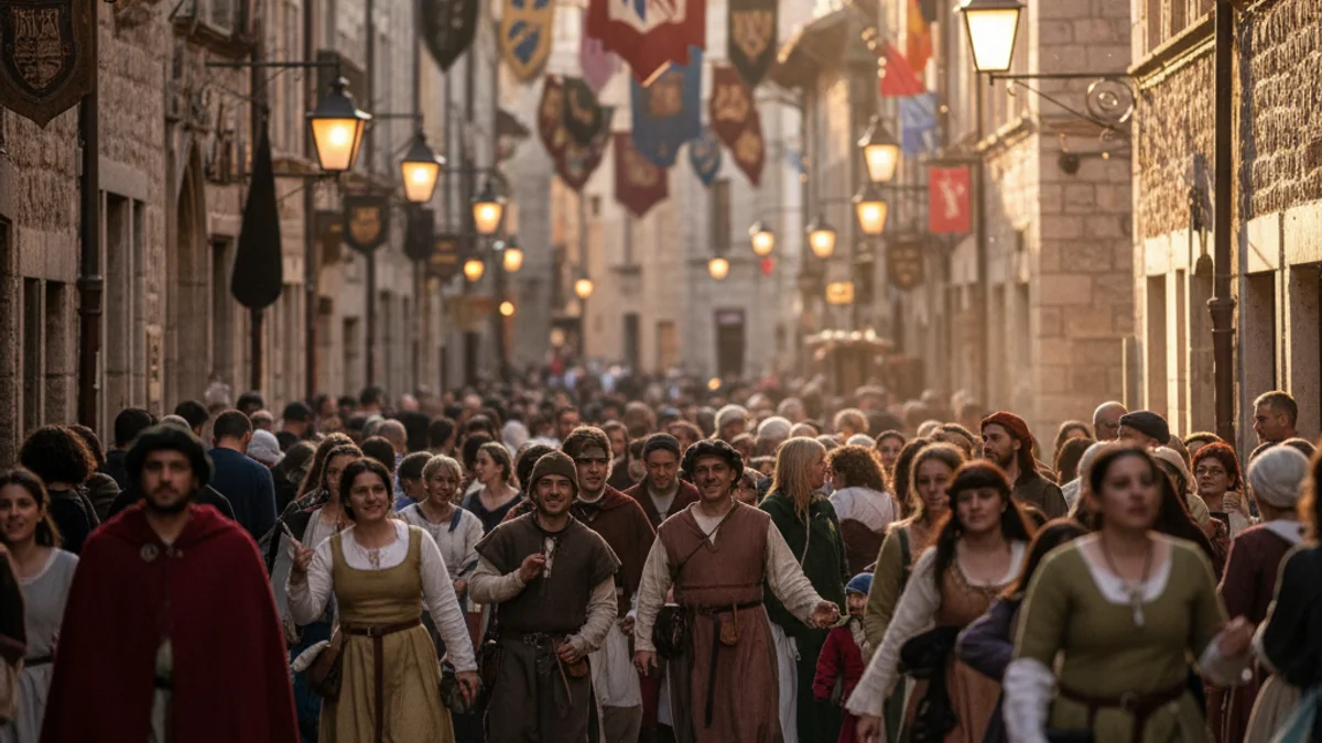 Imagen genérica de una calle engalanada durante una festividad histórica con gente paseando.