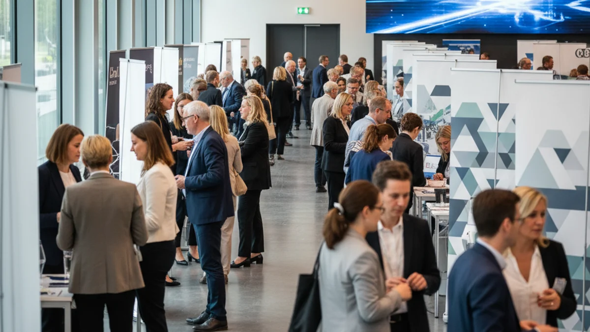 Imagen genérica de una feria de empleo con stands y personas buscando trabajo.