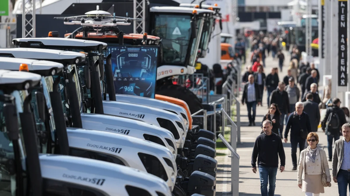 Imagen genérica de una feria de maquinaria agrícola con tractores y expositores.