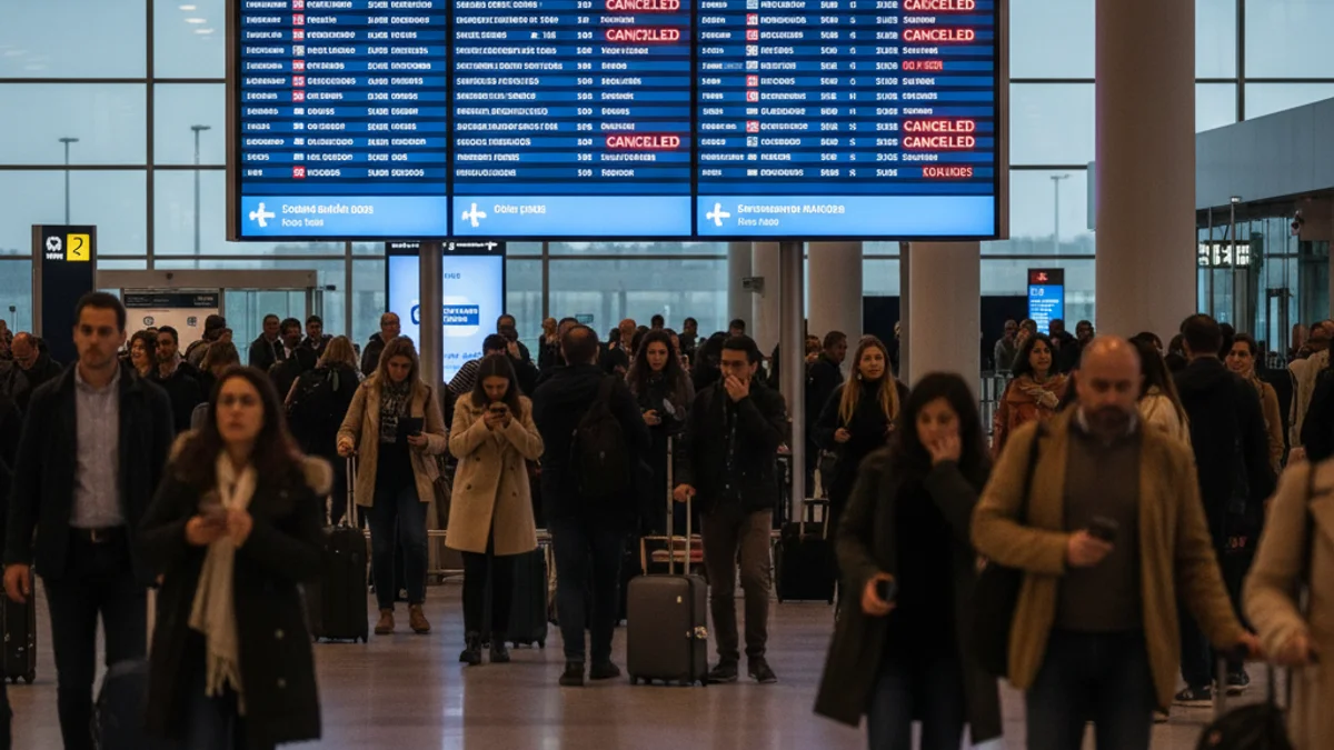 Imagen genérica de un panel de información de un aeropuerto con varios vuelos cancelados.