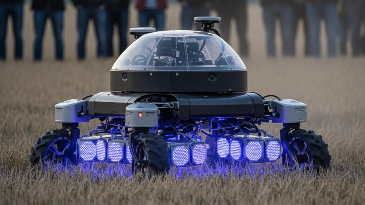 Imagen genérica de un robot agrícola autónomo utilizando tecnología de luz para el cuidado de cultivos.