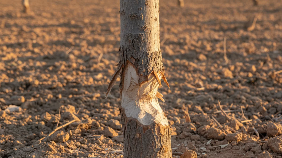 Imagen genérica de la corteza de un árbol frutal dañada por la acción de animales en un campo de cultivo.