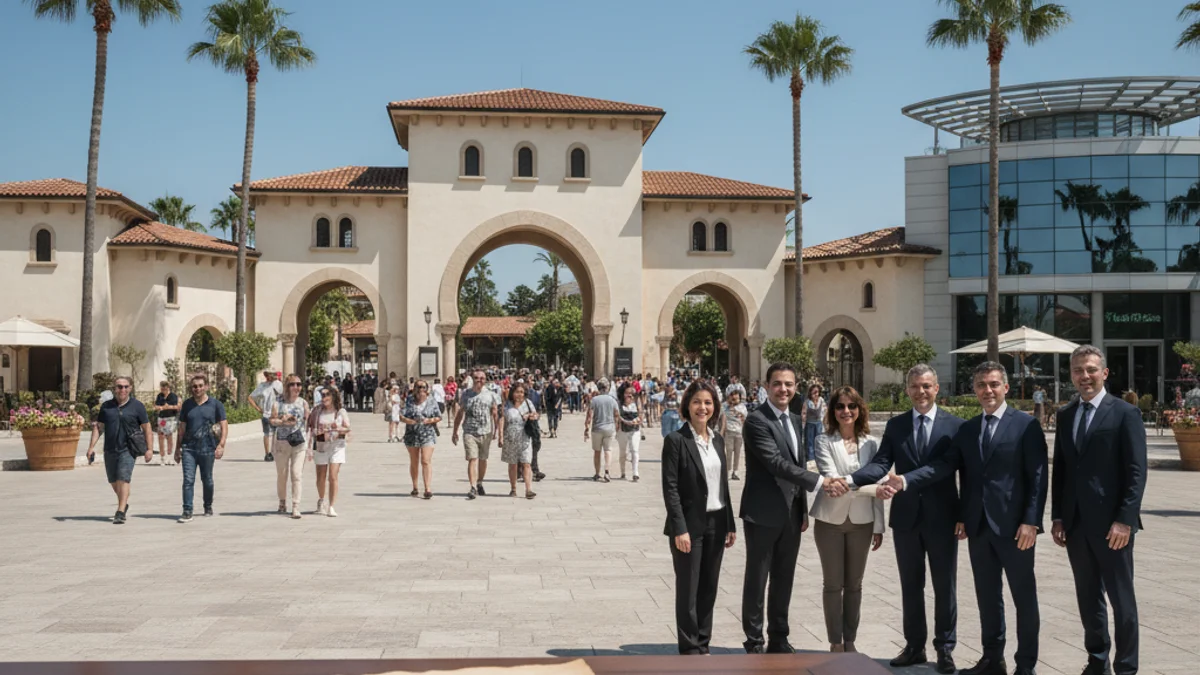 Imagen genérica de una entrada a un parque temático con palmeras bajo un cielo despejado.