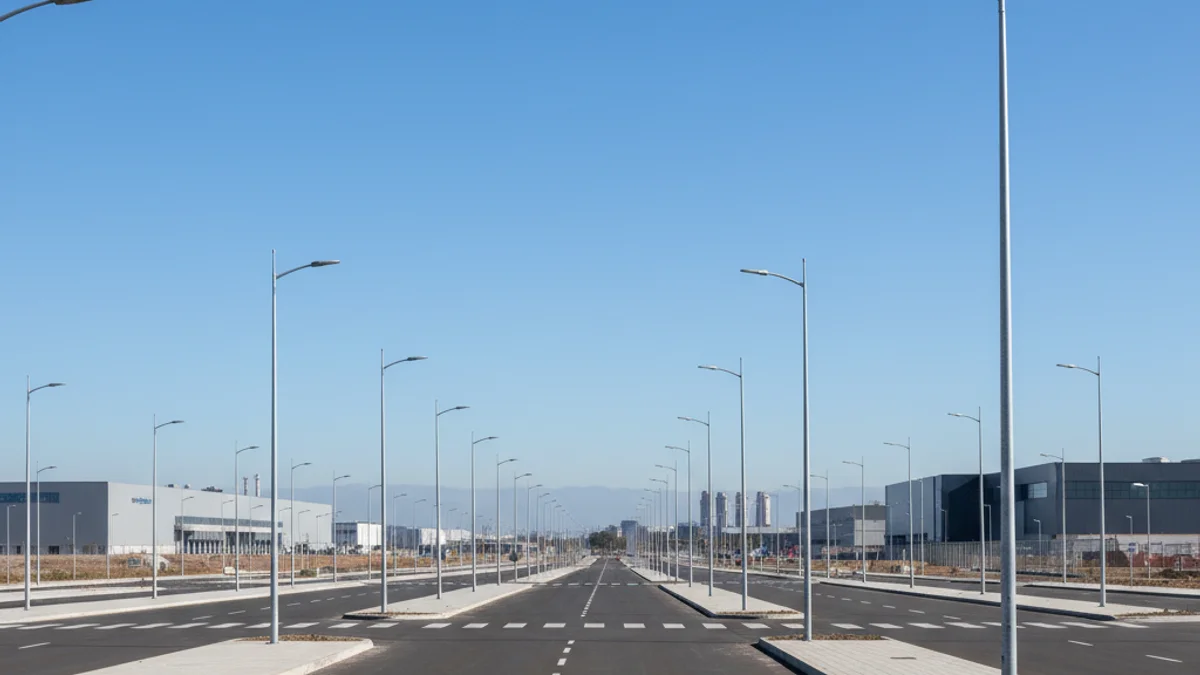 Imagen genérica de una parcela vacía en un polígono industrial moderno con nuevas infraestructuras.