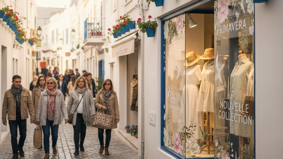 Imagen genérica de un escaparate decorado con motivos florales primaverales en una calle comercial.