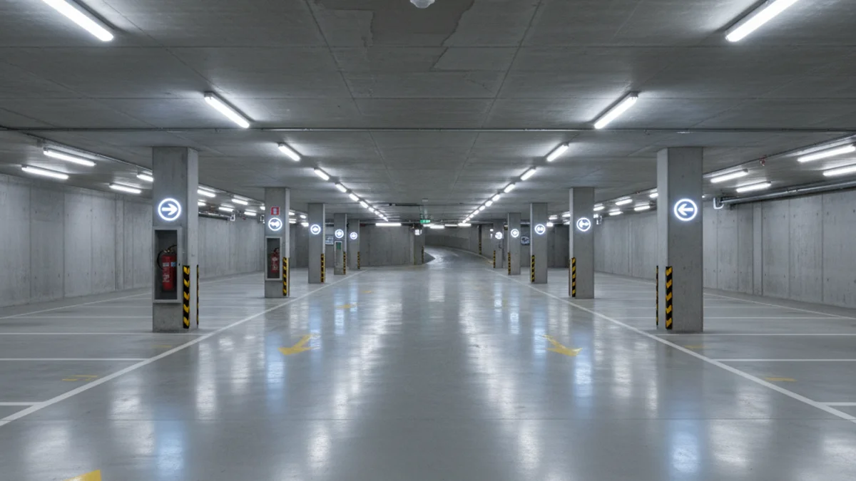 Imagen genérica del interior de un aparcamiento subterráneo con plazas vacías e iluminación moderna.