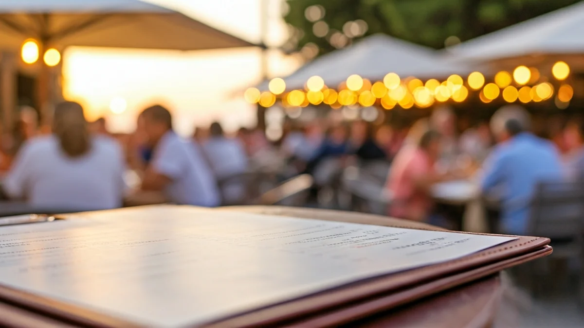 Imagen genérica de un menú de restaurante con gente cenando en una terraza en la costa mediterránea