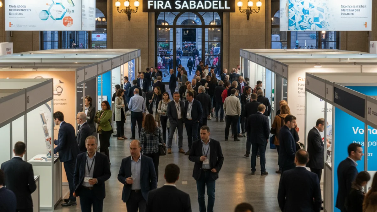 Imagen genérica del ambiente en una feria de formación y empleo con stands y visitantes.