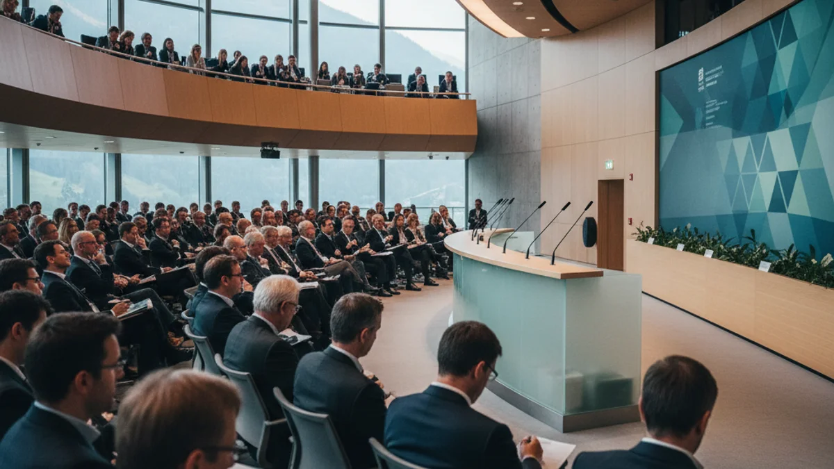 Imagen genérica de un foro empresarial con un podio y micrófonos ante una audiencia profesional.