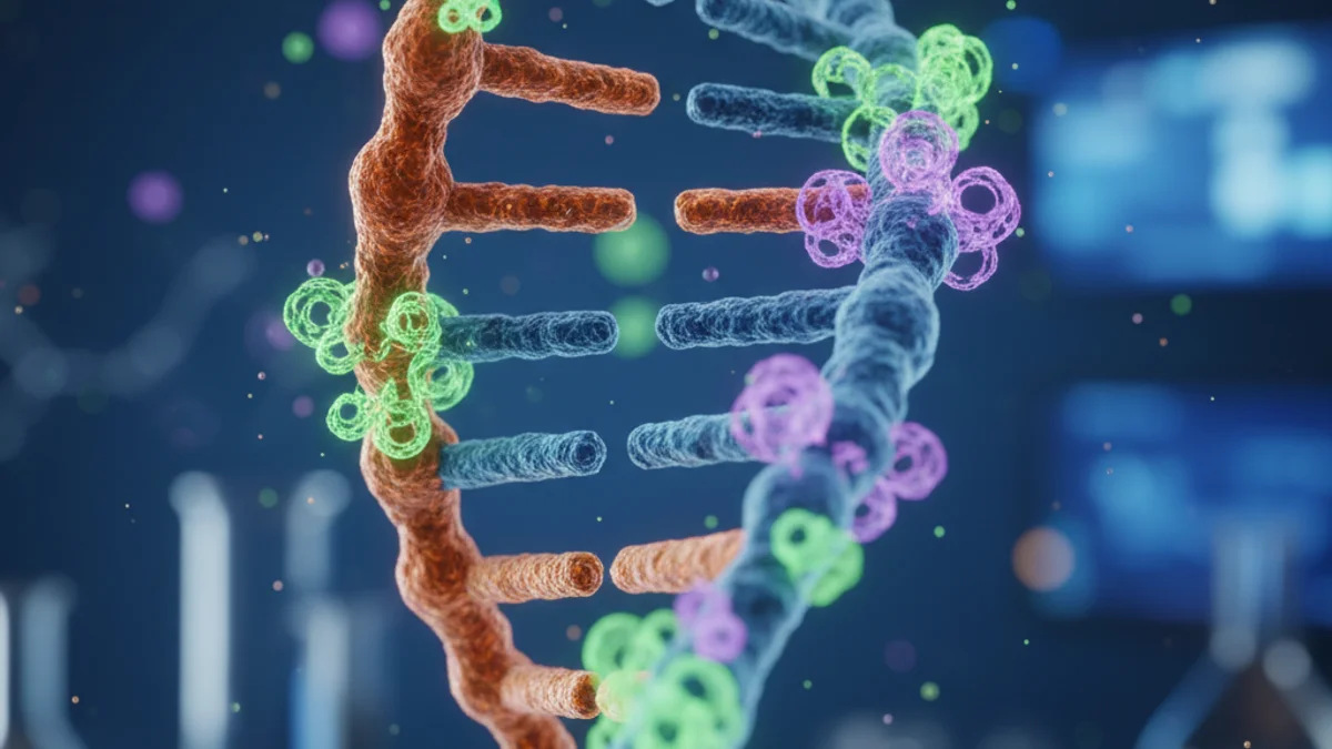 Imagen genérica de una cadena de ADN con partículas brillantes que representan la reprogramación genética.