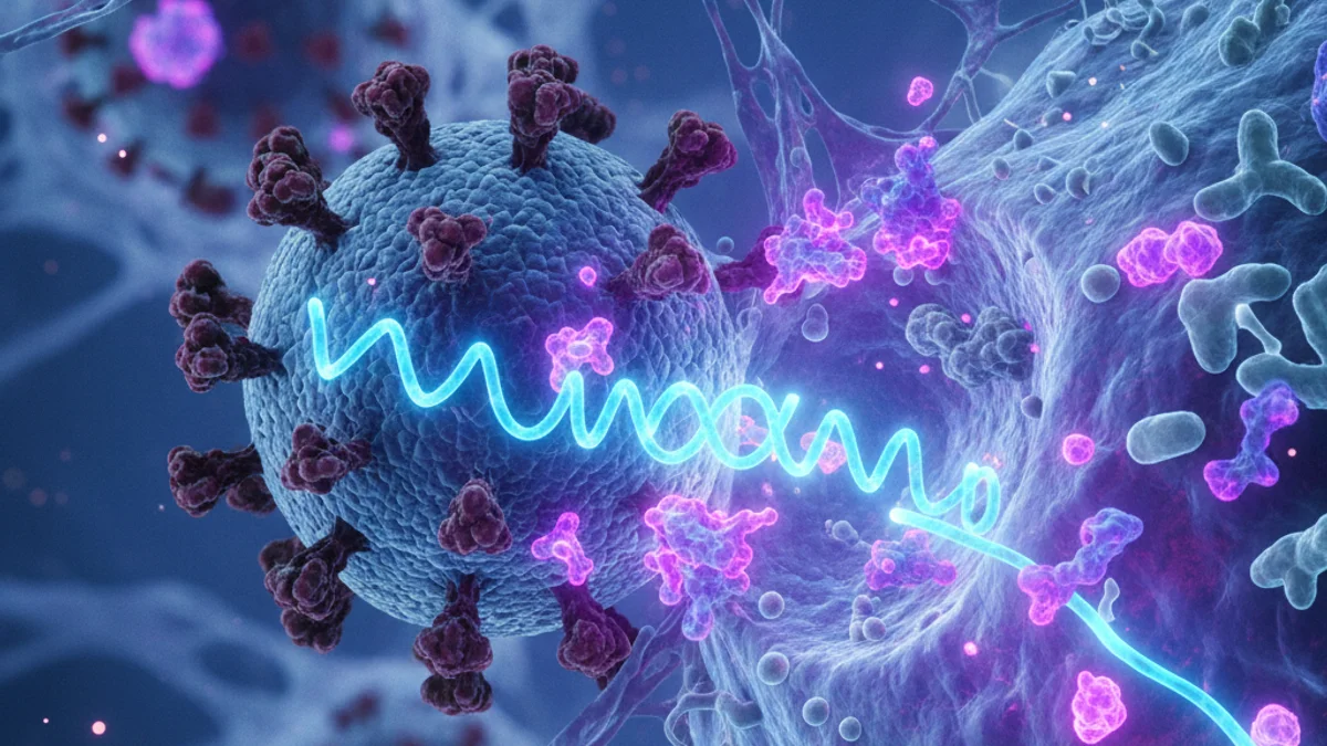 Imagen genérica de una representación microscópica de un virus infectando una célula humana.