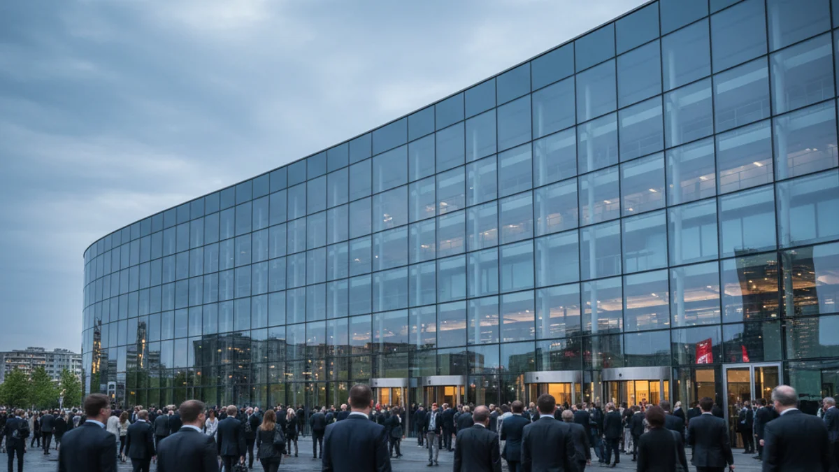 Imagen genérica de la fachada de un centro de ferias y congresos moderno con gente entrando.