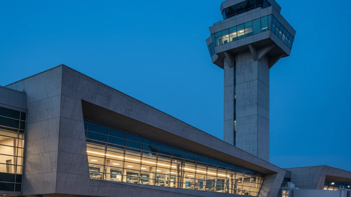 Imagen genérica de la torre de control y la terminal de un aeropuerto durante el crepúsculo.