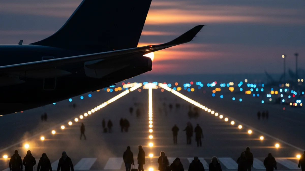Imagen genérica de la pista de despegue de un aeropuerto con luces nocturnas.