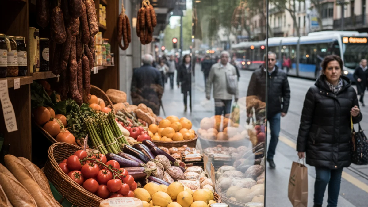 Imagen genérica del escaparate de una tienda de comestibles tradicional en un eje comercial urbano.