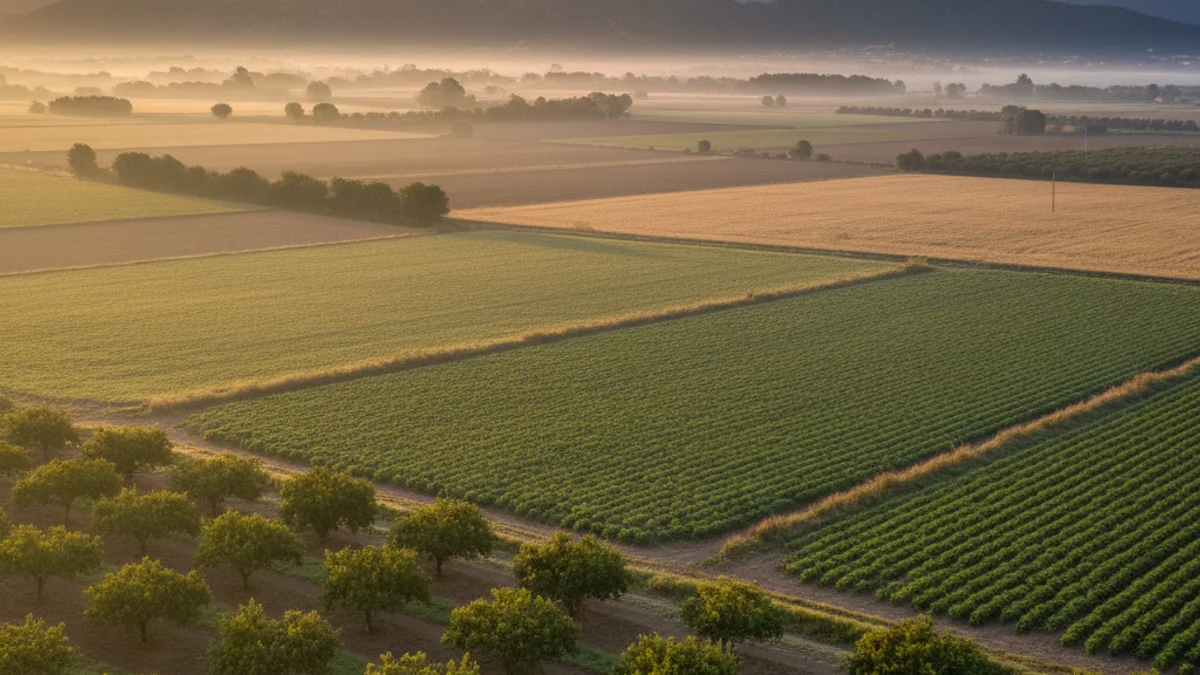 Imagen genérica de unos campos de cultivo en la llanura del Empordà durante el amanecer.