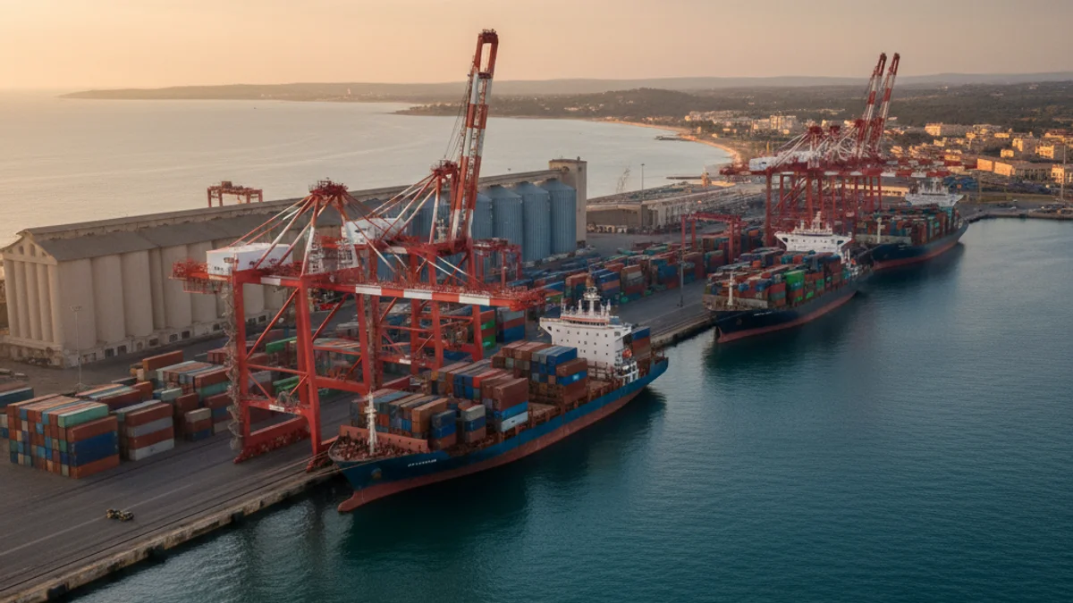 Imagen genérica de las instalaciones de un puerto comercial con contenedores y grúas de carga.